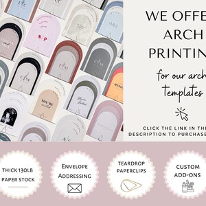 May include: A collection of arch-shaped cards with various designs and text, including names, initials, and the phrase "You're Invited". The cards are arranged in a grid pattern on a white background. The text "WE OFFER ARCH PRINTING for our arch Templates" is displayed in black text on a light pink background. Below the cards, there are four circular icons with text: "THICK 130LB PAPER STOCK", "ENVELOPE ADDRESSING", "TEARDROP PAPERCLIPS", and "CUSTOM ADD-ONS".