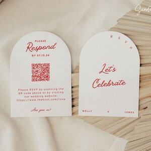 May include: Two white RSVP cards with rounded tops. The left card has a red QR code and the text "PLEASE Respond BY 07.10.24". The right card has the text "Let's Celebrate" and the names "MOLLY & LENOX".