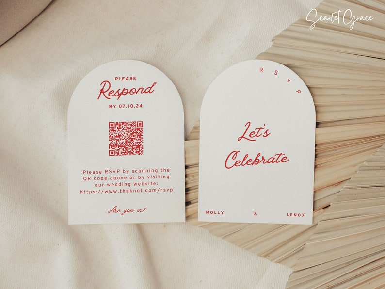 May include: Two white RSVP cards with rounded tops. The left card has a red QR code and the text "PLEASE Respond BY 07.10.24". The right card has the text "Let's Celebrate" and the names "MOLLY & LENOX".