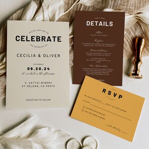 Puede incluir: Un conjunto de invitaciones de boda en tonos marr&oacute;n, negro y dorado. La tarjeta de invitaci&oacute;n presenta el texto "Celebrate" en negrita negra y el texto "The Wedding of Cecilia & Oliver" en una fuente negra m&aacute;s peque&ntilde;a. La fecha de la boda es "09.20.24" y la ubicaci&oacute;n es "V. Sattui Winery, St. Helena, CA 94574". La tarjeta RSVP es amarilla con texto negro e incluye el texto "RSVP" en negrita negra. La tarjeta de detalles es marr&oacute;n con texto negro e incluye el texto "Details" en negrita negra.