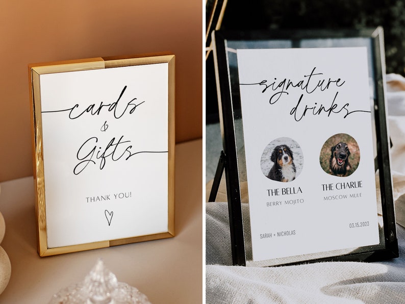 Peut inclure: Deux pancartes de mariage avec une calligraphie noire. La premi&egrave;re pancarte est dans un cadre dor&eacute; et dit "cartes & cadeaux" avec "merci !" et un c&oelig;ur en dessous. La deuxi&egrave;me pancarte est dans un cadre noir et dit "boissons signature" avec deux photos de chiens et leurs noms et choix de boissons en dessous.