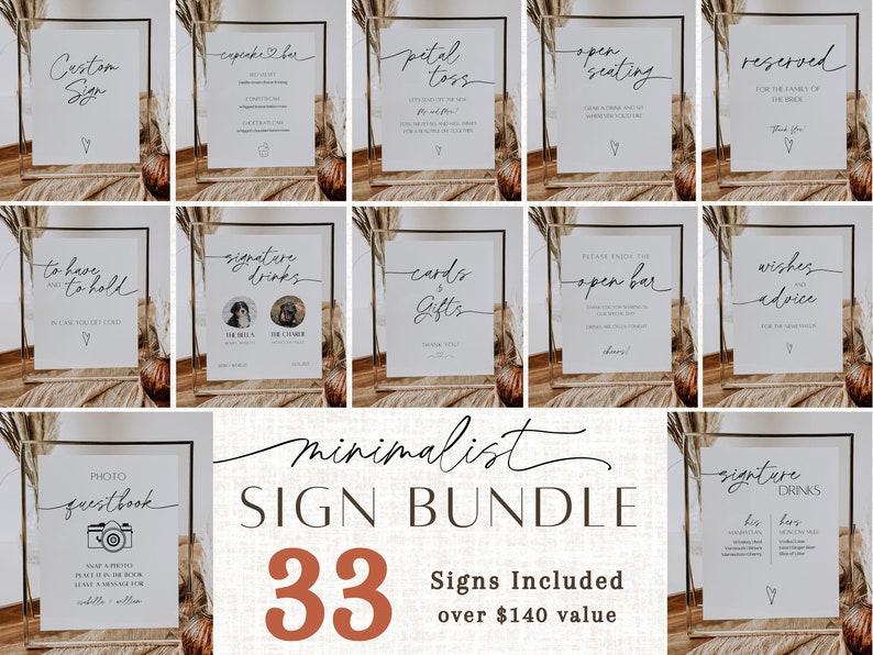 Peut inclure: Un ensemble de 33 pancartes de mariage minimalistes. Les pancartes sont imprim&eacute;es sur du papier blanc et pr&eacute;sentent un texte en calligraphie noire. Les pancartes sont affich&eacute;es dans des cadres en acrylique transparent. Les pancartes comprennent des phrases telles que "pour avoir et pour garder", "boissons signature", "cartes et cadeaux", "bar ouvert", "v&oelig;ux et conseils", "livre d'or photo" et "pancarte personnalis&eacute;e".