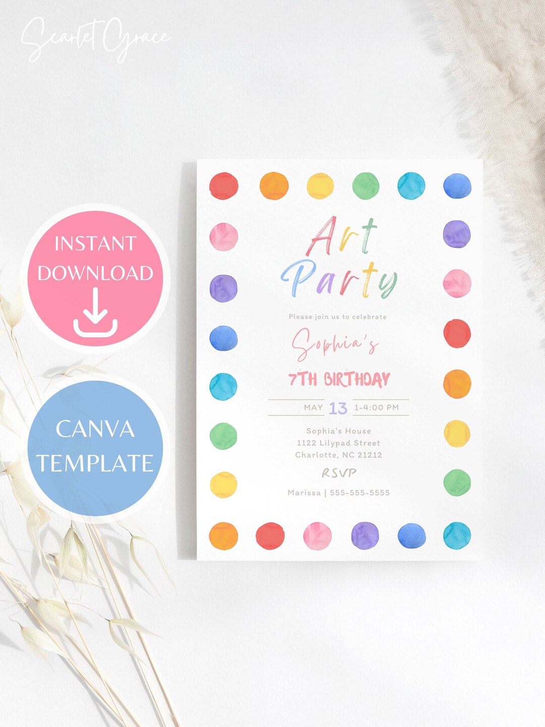 Art Party Birthday Invitation Template, Paint Party Birthday Invite