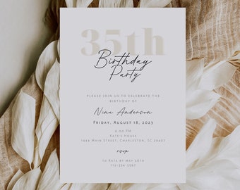 Minimalist 35th Birthday Party Invitation Template, Simple 35th Birthday Invite, Modern Neutral 35th Birthday Invite Printable | Nina