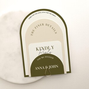 May include: A green, beige, and white RSVP card with an arch design. The text reads "Come for the love | Stay for the party", "The finer details", "Kindly Reply", "You're invited", and "Anna & John".