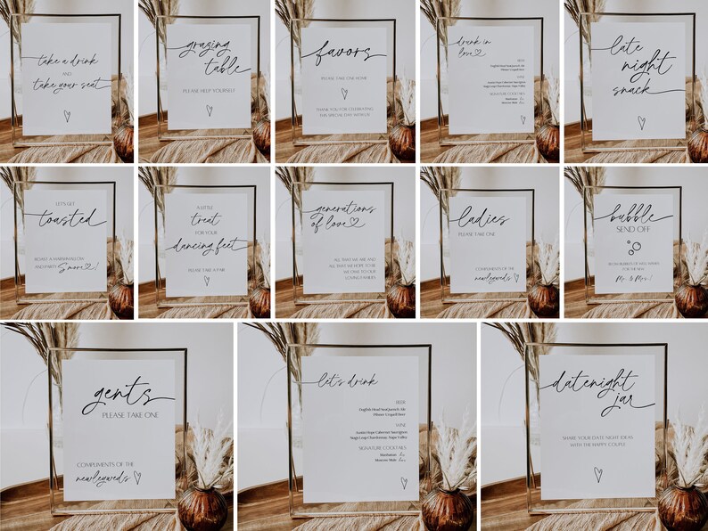 Peut inclure: Un ensemble de 12 panneaux en acrylique transparent avec du texte en calligraphie noire. Les panneaux sont parfaits pour un mariage ou un autre &eacute;v&eacute;nement sp&eacute;cial. Le texte sur les panneaux comprend "Prenez un verre, prenez place", "Table de grignotage", "Faveurs", "Buvez d'amour", "Collation de fin de soir&eacute;e", "On se fait griller", "Nommez un r&eacute;gal pour vos pieds dansants", "Des g&eacute;n&eacute;rations d'amour", "Mesdames, veuillez prendre un", "Souffle de bulles", "Messieurs, veuillez prendre un", et "Jardini&egrave;re de rendez-vous galant".