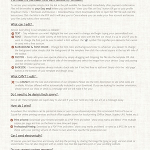 May include: FAQ page with information about accessing and editing printable templates. The page includes a list of editable elements, such as text, font, background color, and photos. It also explains how to print the templates at home or through a professional printing service.
