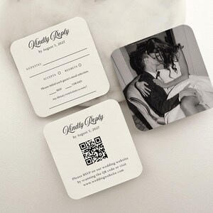 May include: Square wedding RSVP cards with rounded corners. One card features a black and white photo of a couple kissing. Two other cards have the text "Kindly Reply by August 5, 2027" and RSVP details.