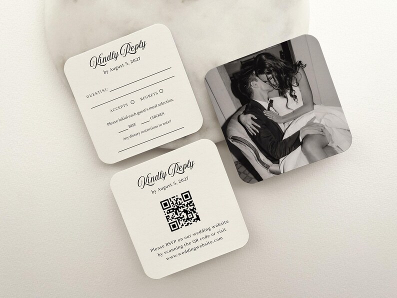 May include: Square wedding RSVP cards with rounded corners. One card features a black and white photo of a couple kissing. Two other cards have the text "Kindly Reply by August 5, 2027" and RSVP details.