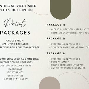 May include: Print packages graphic with text. Includes options for 4-card invitation suites, custom add-ons like envelope color upgrades, custom envelope liners, wax seals, belly bands, letterpress, and day of stationery. Choose from 3 printing packages or message for a custom package.
