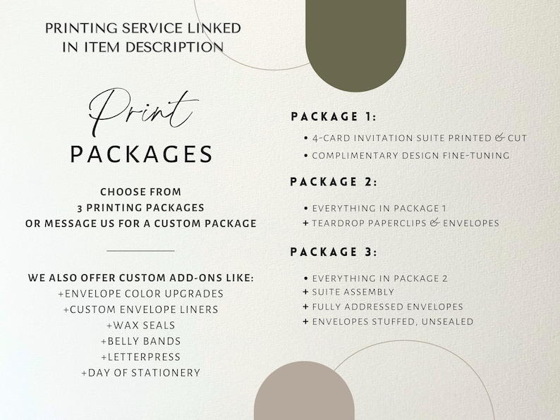 May include: Print packages graphic with text. Includes options for 4-card invitation suites, custom add-ons like envelope color upgrades, custom envelope liners, wax seals, belly bands, letterpress, and day of stationery. Choose from 3 printing packages or message for a custom package.