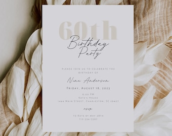 Minimalist 60th Birthday Party Invitation Template, Simple 60th Birthday Invite, Modern Neutral 60th Birthday Bash Invite Printable | Nina
