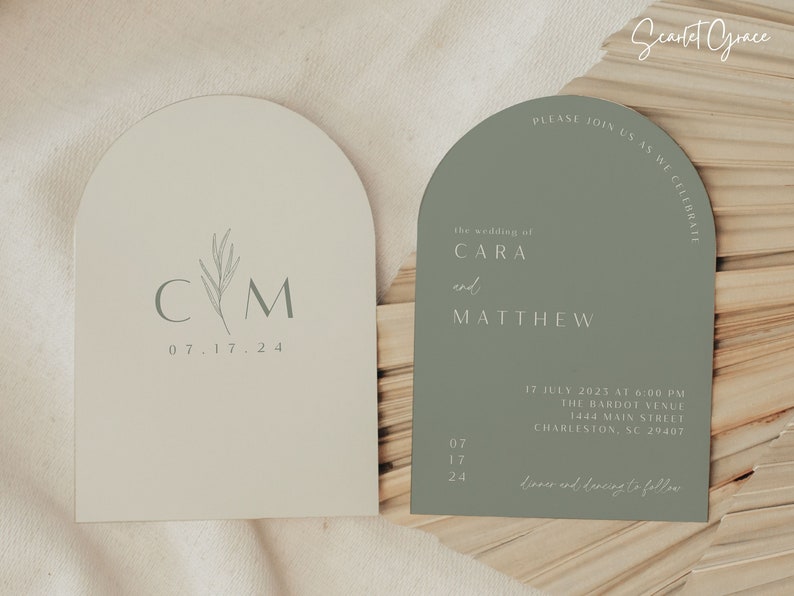 Sage Green Arch Wedding Invitation Suite Template Sage Neutral Stacked Arch Wedding Invite Suite Sage Arch Wedding Stationary Printed Invite image 6