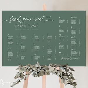 Moss Green Alphabetical Wedding Seating Chart Template Minimalist Wedding Seating Chart Canva Wedding Seating Plan Template Editable Mara