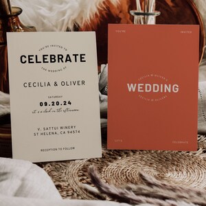 Puede incluir: Dos invitaciones de boda con un tema r&uacute;stico. La primera invitaci&oacute;n es sobre un fondo crema con texto negro y dice "You're invited to Celebrate the wedding of Cecilia & Oliver" con la fecha "09.20.24" y la ubicaci&oacute;n "V. Sattui Winery, St Helena, CA 94574". La segunda invitaci&oacute;n es sobre un fondo rojo con texto blanco y dice "Cecilia & Oliver's Wedding".