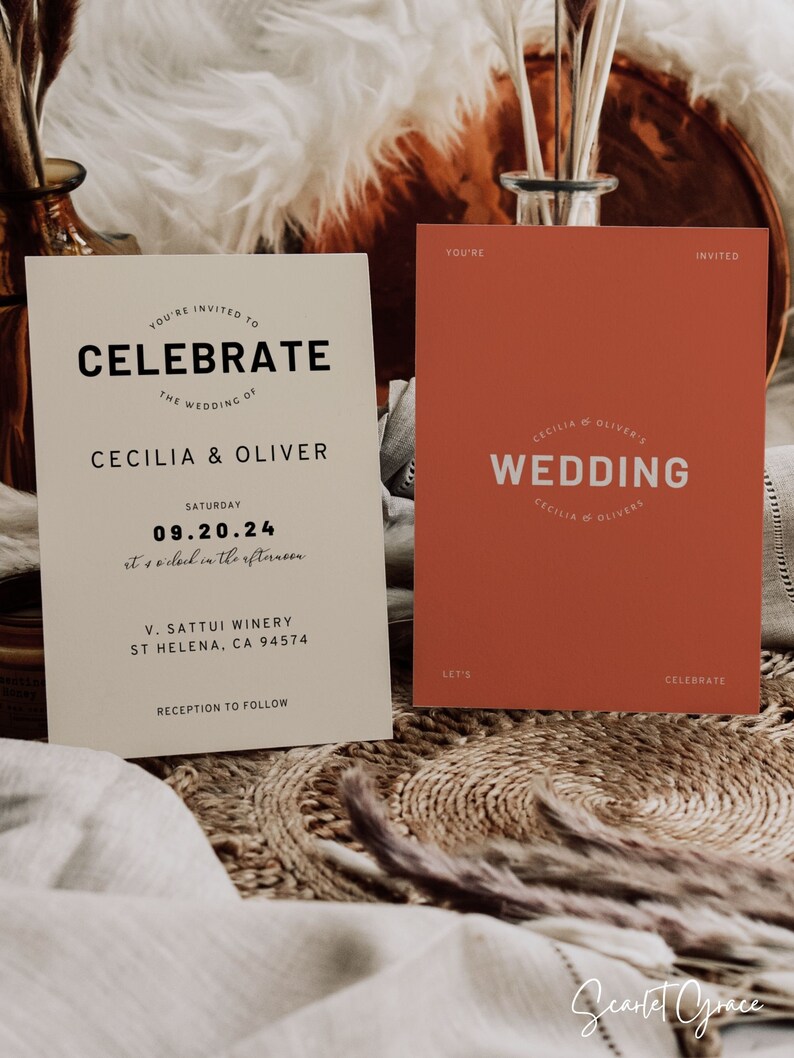 Puede incluir: Dos invitaciones de boda con un tema r&uacute;stico. La primera invitaci&oacute;n es sobre un fondo crema con texto negro y dice "You're invited to Celebrate the wedding of Cecilia & Oliver" con la fecha "09.20.24" y la ubicaci&oacute;n "V. Sattui Winery, St Helena, CA 94574". La segunda invitaci&oacute;n es sobre un fondo rojo con texto blanco y dice "Cecilia & Oliver's Wedding".