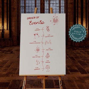 Pu&ograve; includere: Un cartello bianco con testo rosso e illustrazioni elenca l'ordine degli eventi di un matrimonio. Il cartello &egrave; su un cavalletto e recita: "ORDER OF EVENTS" 4:00 Cerimonia, 5:00 Cocktail Hour, 6:00 Cena e discorsi, 7:00 Primo ballo, 7:30 Taglio della torta, 8:00 Ballo, 11:00 Carrozze.