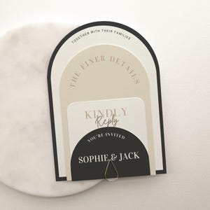 Black and White Arch Wedding Invitation Template Suite Modern Wedding Stacked Invitation Minimalist Beige 4 Piece Invite Monochrome Evelyn