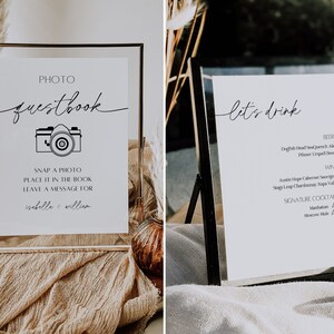 Peut inclure: Deux panneaux blancs avec du texte noir et des illustrations. Le premier panneau indique "PHOTO guestbook" avec une illustration de cam&eacute;ra et des instructions pour prendre une photo, la placer dans le livre et laisser un message pour "Isabelle & William". Le deuxi&egrave;me panneau indique "let's drink" et liste la bi&egrave;re, le vin et les cocktails signature.
