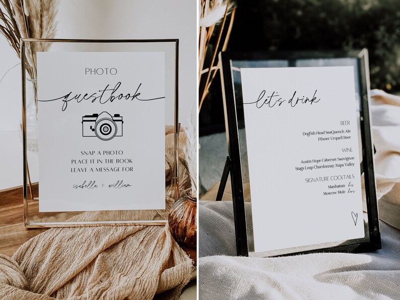 Peut inclure: Deux panneaux blancs avec du texte noir et des illustrations. Le premier panneau indique "PHOTO guestbook" avec une illustration de cam&eacute;ra et des instructions pour prendre une photo, la placer dans le livre et laisser un message pour "Isabelle & William". Le deuxi&egrave;me panneau indique "let's drink" et liste la bi&egrave;re, le vin et les cocktails signature.