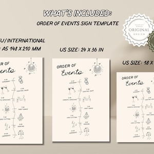 Pu&ograve; includere: Tre cartelli stampabili per l'ordine degli eventi del matrimonio in diverse dimensioni: 18 x 24 pollici, 24 x 36 pollici e A5 (148 x 210 mm). Ogni cartello presenta una sequenza temporale degli eventi del matrimonio con una palla da discoteca e altre icone legate al matrimonio.
