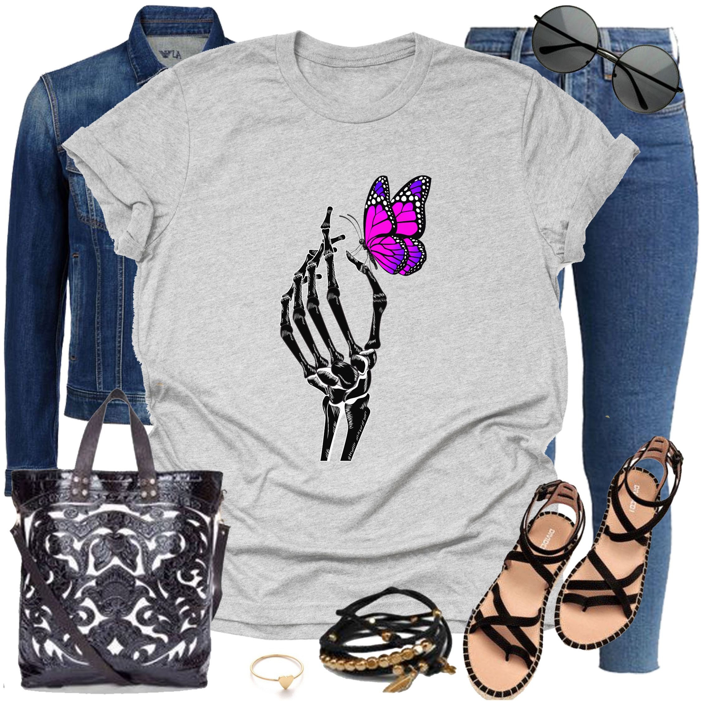 Discover Skeleton Hand Butterfly Shirt | Goblincore T Shirt | Fairycore T shirt | Mom Birthday Gift | Grunge Shirt | Gift for her | Spooky Shirt