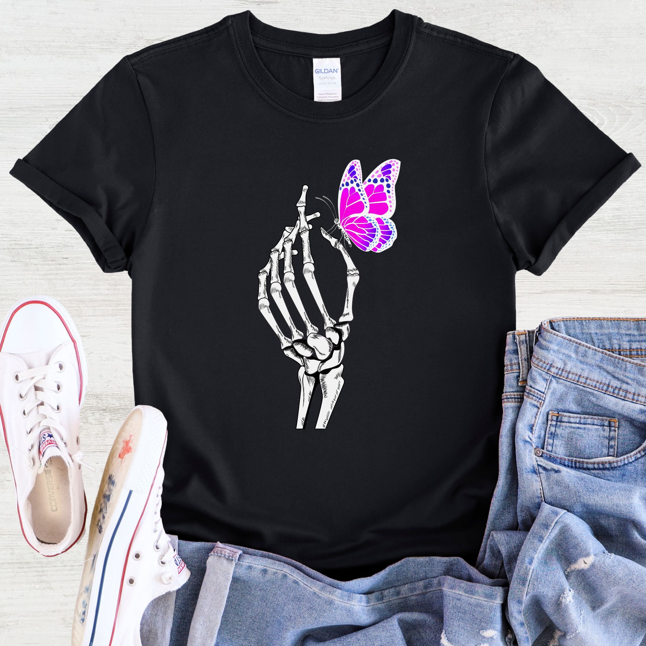 Discover Skeleton Hand Butterfly Shirt | Goblincore T Shirt | Fairycore T shirt | Mom Birthday Gift | Grunge Shirt | Gift for her | Spooky Shirt