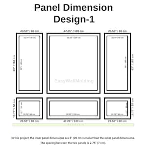May include: A technical diagram titled Panel Dimension Design-1 showing wall molding layouts with black rectangular outlines. Measurements are provided in inches and centimeters for various panel sizes, including a baseboard and spacing details.
