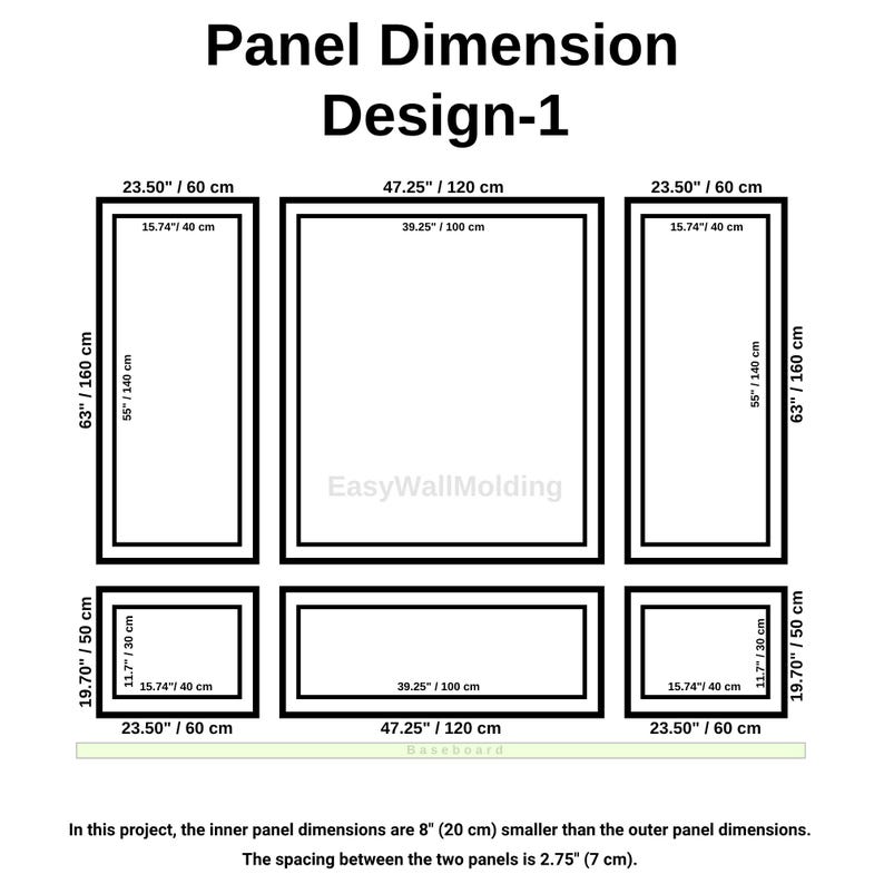 May include: A technical diagram titled Panel Dimension Design-1 showing wall molding layouts with black rectangular outlines. Measurements are provided in inches and centimeters for various panel sizes, including a baseboard and spacing details.