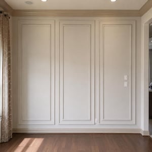 Può includere: Una parete caratterizzata da tre pannelli rettangolari definiti da modanature in rilievo con finitura beige chiaro. La parete include un battiscopa, una cornice a soffitto e due piccoli interruttori bianchi sul pannello destro. Il pavimento è in legno scuro.