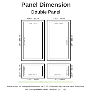 K&ouml;nnte beinhalten: Ein technisches Diagramm mit dem Titel Panel Dimension Double Panel, das zwei vertikale und zwei horizontale rechteckige Rahmen zeigt. Die Ma&szlig;e sind in Zoll und Zentimetern angegeben, darunter 80 cm mal 150 cm f&uuml;r gro&szlig;e Paneele und 80 cm mal 50 cm f&uuml;r kleine.