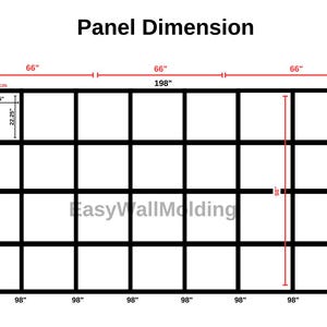 May include: Diagram showing panel dimensions. The overall dimensions are 198" wide and 104" high. Individual panel sections are 98" wide and 52" high. The text "Panel Dimension" is at the top. The text "EasyWallMolding" is in the center.