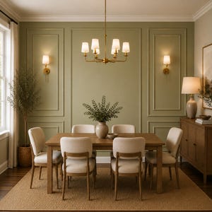 Puede incluir: Un conjunto de comedor con una mesa rectangular de madera y seis sillas tapizadas en tela color crema claro. Sobre la mesa cuelga una l&aacute;mpara de ara&ntilde;a de lat&oacute;n con seis pantallas blancas, junto a dos apliques de pared de lat&oacute;n a juego.