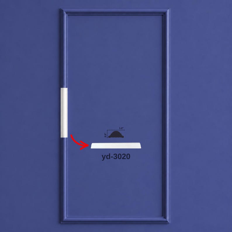May include: A white molding strip labeled yd-3020, featuring a cross-section diagram showing a height of 0.5 inches and a width of 1.3 inches. The strip is shown as a straight piece and as a segment integrated into a rectangular blue frame.