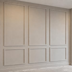 May include: A wall featuring beige wainscoting with three tall rectangular panels positioned above three smaller rectangular panels. The molding creates a grid pattern across the flat surface, all finished in a uniform matte beige paint color.