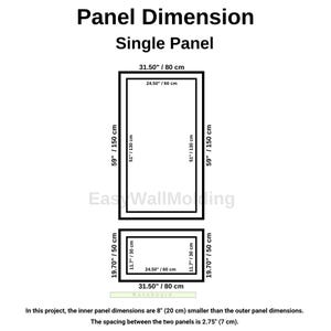 K&ouml;nnte beinhalten: Ein technisches Diagramm mit dem Titel Panel Dimension Single Panel, das zwei rechteckige Rahmen zeigt. Der gro&szlig;e Rahmen misst 80 cm mal 150 cm und der kleine Rahmen 80 cm mal 50 cm, wobei die Innenma&szlig;e und Abst&auml;nde in cm angegeben sind.