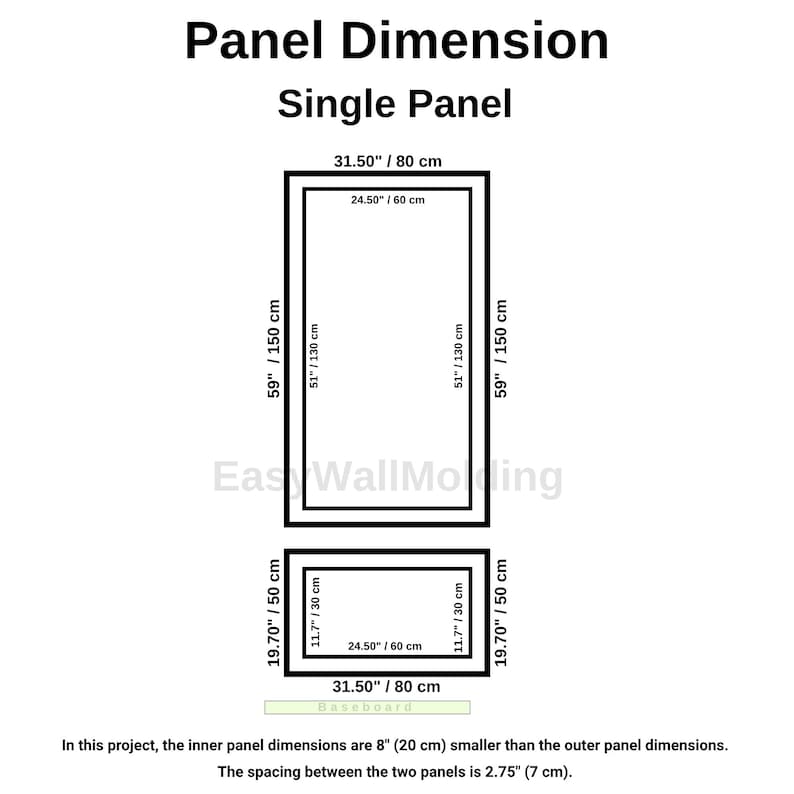 K&ouml;nnte beinhalten: Ein technisches Diagramm mit dem Titel Panel Dimension Single Panel, das zwei rechteckige Rahmen zeigt. Der gro&szlig;e Rahmen misst 80 cm mal 150 cm und der kleine Rahmen 80 cm mal 50 cm, wobei die Innenma&szlig;e und Abst&auml;nde in cm angegeben sind.