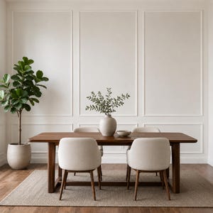 May include: A rectangular wooden dining table with four upholstered cream-colored chairs. A ceramic vase with green leafy branches sits in the center of the table. A large potted fiddle leaf fig plant stands to the left on a woven area rug.