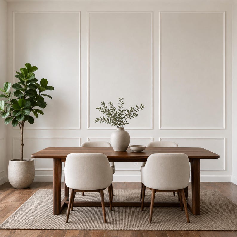 May include: A rectangular wooden dining table with four upholstered cream-colored chairs. A ceramic vase with green leafy branches sits in the center of the table. A large potted fiddle leaf fig plant stands to the left on a woven area rug.
