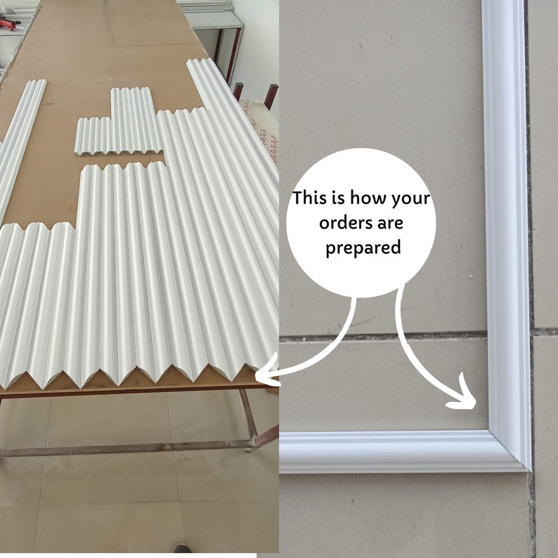 May include: White decorative molding pieces, some with a fluted design, are arranged on a work surface. The image includes a corner of a finished frame, and text that reads "This is how your orders are prepared."