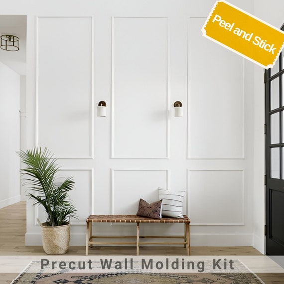 Self-Adhering Ready to assemble Wall molding package, Pre-cut factory primed, Wall paneling kit  3 upper rectangles and 3 bottom Frame,
