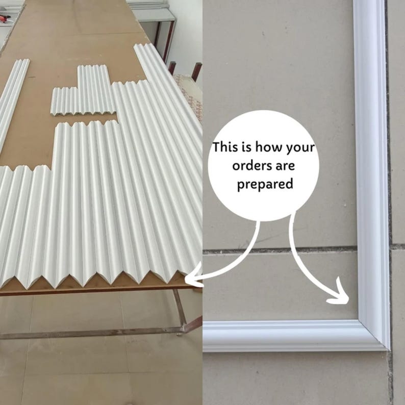 Puede incluir: Paneles de pared blancos acanalados con un patr&oacute;n de crestas verticales repetitivas y una pieza de marco de esquina blanca en inglete. Una superposici&oacute;n gr&aacute;fica circular blanca contiene el texto negro: This is how your orders are prepared.