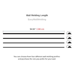 May include: Four black wall molding strips with a length of 94.50 inches. The image displays four distinct profiles with widths of 4 cm, 3 cm, 2.5 cm, and 2 cm, and heights of 18 mm, 14 mm, 13 mm, and 10 mm. Text includes Wall Molding Length EasyWallMolding.