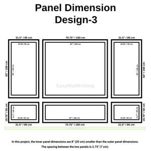 May include: A black and white diagram titled Panel Dimension Design-3 showing a wall molding layout. It features two tall rectangular panels, one large square panel, and three smaller rectangular panels with measurements in inches and cm.