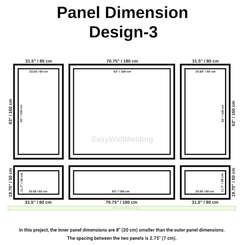 May include: A black and white diagram titled Panel Dimension Design-3 showing a wall molding layout. It features two tall rectangular panels, one large square panel, and three smaller rectangular panels with measurements in inches and cm.