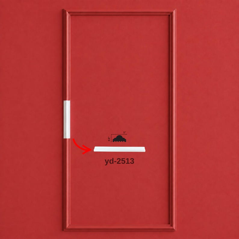 May include: A white molding strip labeled yd-2513, featuring a cross-section diagram with dimensions of 0.5 inches by 1 inch. The molding is displayed against a solid red background, with a red arrow pointing from the strip to its profile.
