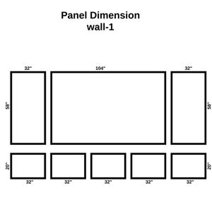 May include: A diagram showing the dimensions of a wall with five panels. The wall is 104 inches wide and 58 inches tall. The panels are 32 inches wide and 20 inches tall. The text "Panel Dimension wall-1" is at the top of the diagram.