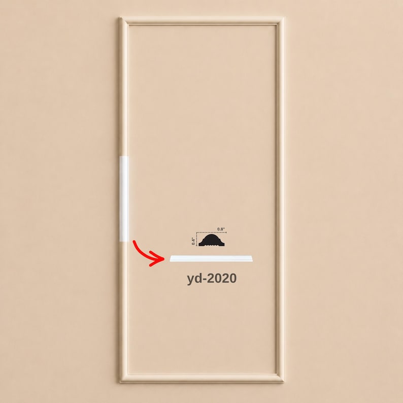 May include: A rectangular light beige frame with a thin white trim piece. A red arrow points to the trim, which features a cross-section diagram showing dimensions of 0.4 inches by 0.8 inches. The text yd-2020 is printed below the diagram.