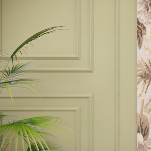 Puede incluir: Una pared de color verde salvia con paneles rectangulares con bordes en relieve. Una planta de palma verde con hojas largas, finas y puntiagudas est&aacute; situada en la esquina inferior izquierda, ocultando parcialmente la pared panelada.
