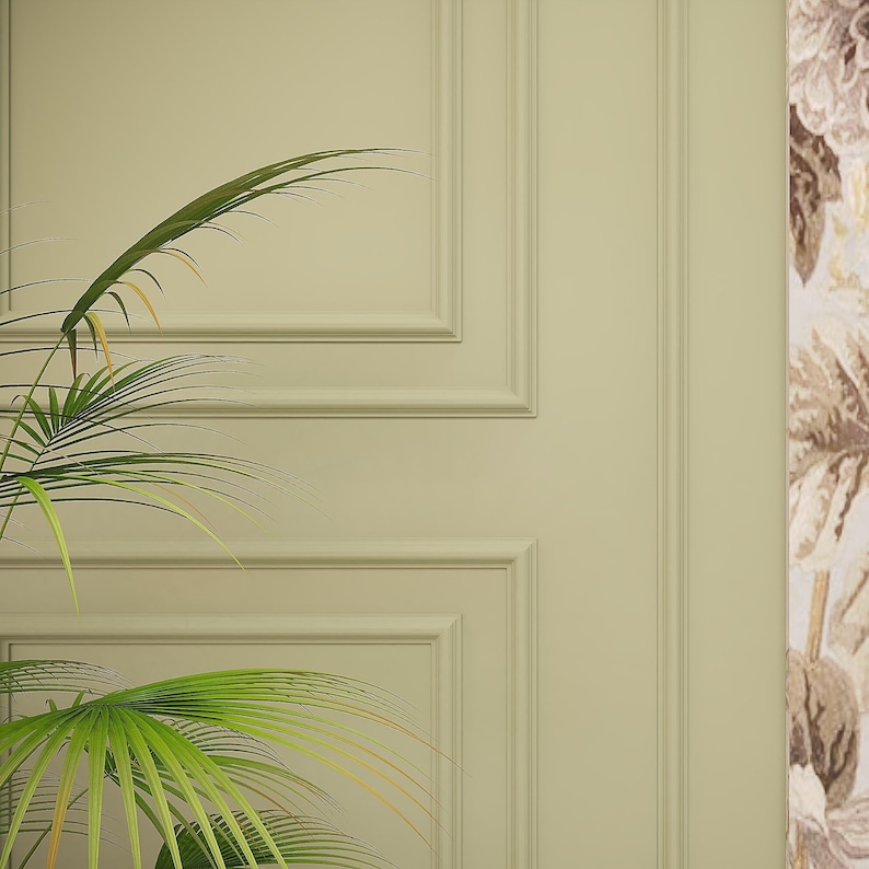 Puede incluir: Una pared de color verde salvia con paneles rectangulares con bordes en relieve. Una planta de palma verde con hojas largas, finas y puntiagudas est&aacute; situada en la esquina inferior izquierda, ocultando parcialmente la pared panelada.